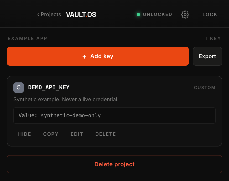 The VaultOS Mac app showing a project called Example App with one stored key, and buttons to hide, copy, edit or delete it.